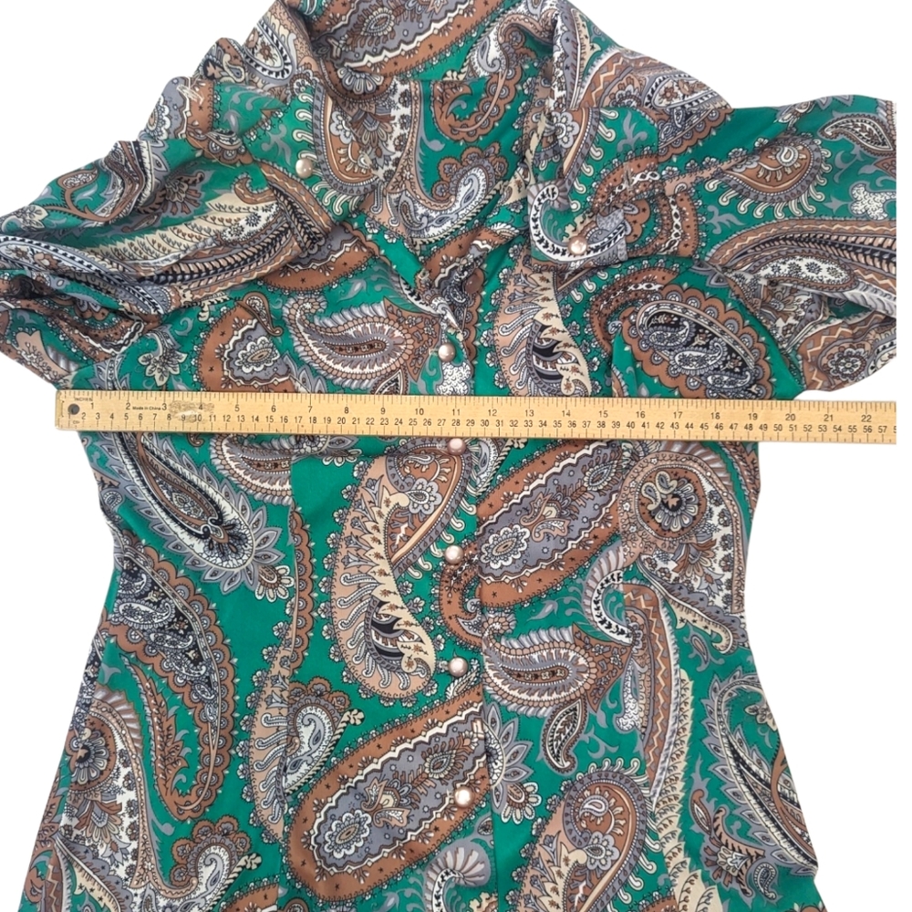 Vintage 70s 60s Paisley Shirt Dress Womens Large Polyester Green Shift - Picture 10 of 13